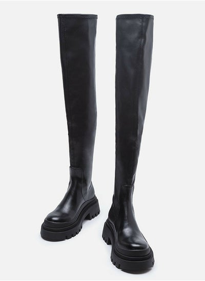 Buy Womens Platform Thick Soled Round Toe Knee High Chunky Heel Boots Black in Saudi Arabia