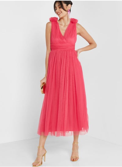 Buy Surplice Neck Mesh Pleated Dress in UAE