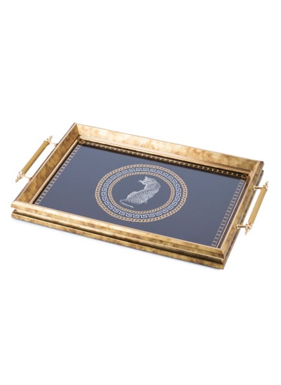 Buy Gold color wood serving tray with 3D design, golden metal hands in Saudi Arabia