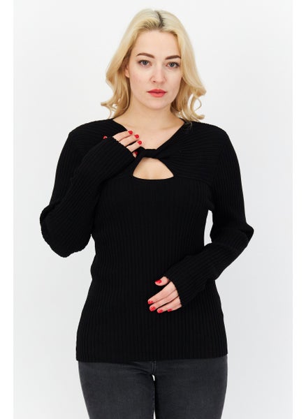 Buy Women Round Neck Long Sleeves Ribbed Sweater, Black in UAE