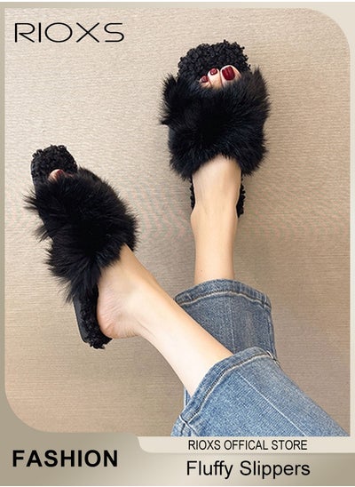 Buy Women's Cross Band Fluffy Slippers, Soft Cozy Open-toe House Shoes, Furry Warm Comfy Slip-ons for Indoor or Outdoor Use, High-quality Stylish Anti-Slide Slipper, Convenient for You to Put on or off in UAE