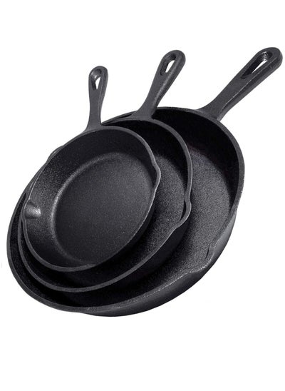 اشتري 3PCS Cast Iron Skillet Set - Heavy-Duty Professional Restaurant Chef Quality Pre-Seasoned Pan Cookware Set - 10, 8, 6inch Pans - For Frying, Saute, Cooking, Pizza,(Black) في السعودية