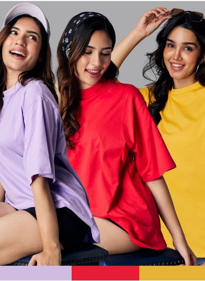 Buy 3 Pack Oversize Red Yellow Purple Solid T-shirt in UAE