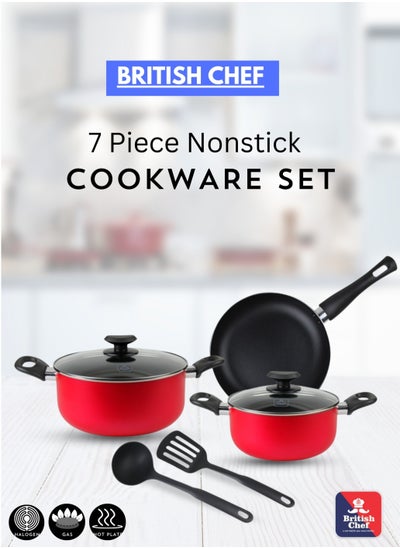 Buy 7 Piece Nonstick Cookware Set, 24CM Casserole + Lid, 20CM Casserole + Lid, 24CM Frypan, Nylon Turner, Nylon Ladle BC131 in Saudi Arabia