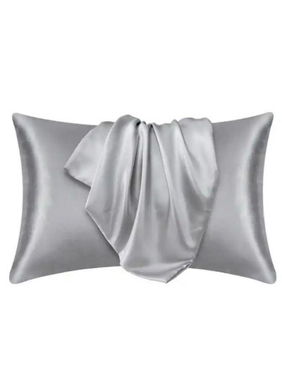 Buy 2 Pieces Pillowcases Silky Satin pillow cover set Hair Skin, Silver Color. in UAE