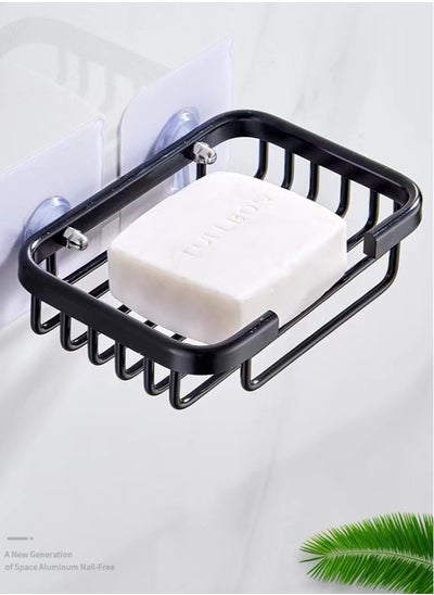 Buy 1-Piece Aluminum Alloy Soap Dish Wall Mounted Soap Sponge Holder Black 13.5x8.5x3.5 cm in UAE