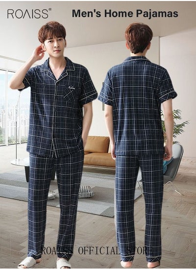 Buy 2-Piece Pajama Set Men's Cotton Short-Sleeved T-Shirt Long Pants Sets Grid Pattern Sleepwear Nightgown Male Loose Spring Summer Thin Loungewear Home Clothes in Saudi Arabia