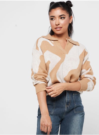 Buy Swirl Intarsia Sweater With Collar in UAE