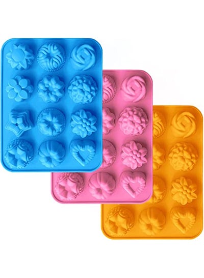 Buy 3 Pcs Silicone Flower Molds, 12-Cavity Non-Stick Jello Mold Baking Pans Ice Cube Trays for Kitchen Making Candy Chocolate Muffin Cupcake - Pink, Blue, Orange in Saudi Arabia