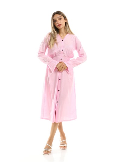Buy Elastic Waist Midi Dress With Decorative Buttons - Light Pink in Egypt