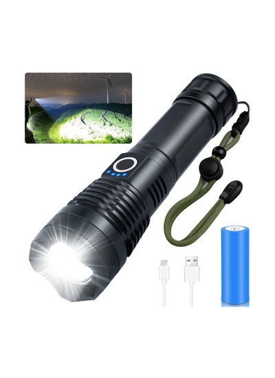 Buy Rechargeable Flashlight 10000 Lumens Brightest Powerful Led Flashlight, Super Bright Waterproof Flashlight with 26650 Battery, Zoomable, 5 Light Modes, for Emergencies in UAE