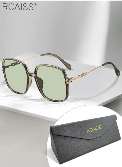 Buy Women's Square Sunglasses, UV400 Protection Sun Glasses with Gold Metal Temples, Oversize Fashion Anti-glare Sun Shades for Women with Glasses Case, 54mm, Transparent Green in UAE