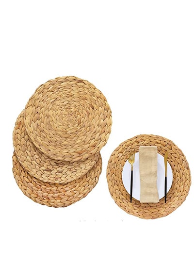 Buy Round Woven Placemats, Natural Water Hyacinth Wicker Handmade Straw Braided Mat Heat Resistant Hot Insulation Anti-Skidding Pad for Dining Table, Gift Friends 4 Pcs in Saudi Arabia