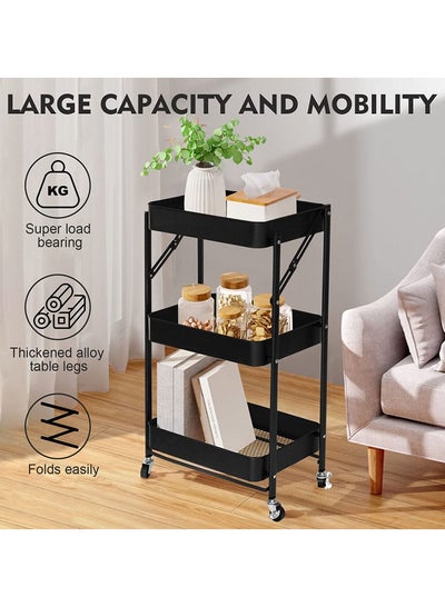 Buy 3 Tier Foldable Metal Rolling Utility Cart Organizer, 46x30x76cm Multipurpose Organizer Trolley with Casters for Kitchen, Bedroom, Bathroom, Office, Laundry Room and Garage Black in Saudi Arabia