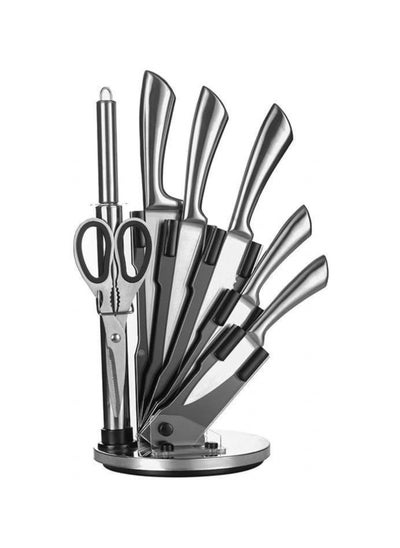 Buy Cuisine Art 8-Piece Professional Kitchen Knife Set with Revolving Stand – Includes Chef, Cleaver, Slicing, Utility, Fruit Knives, Scissors, Sharpening Rod, and Knife Block - Silver in UAE