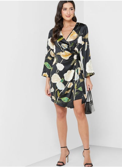 Buy Floral Printed Surplice Neck Dress in UAE