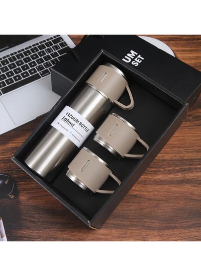 Buy Stainless Steel Gift Set Vacuum Thermal Mug Flask Bottle with 2 Extra Cup Set Leak-proof Mug Insulated Travel Business Trip Water Bottle Thermos Hot & Cold Up to 12 Hours 500ml - Beige in UAE