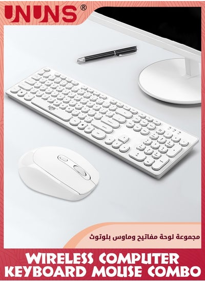 اشتري 104 Keys Wireless Keyboard Mouse Combo,Ergonomic Full Size Typewriter Retro Round KeycapsKeyboard With Mouse For Windows PC Computer Notebook Laptop,White في الامارات