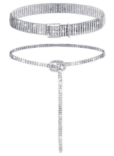 Buy 2 Pieces Women Rhinestone Belt for Dress Crystal Diamond Waist Belt Shiny Rhinestone Wide Waist Belt Ladies Belt and Ladies Dress Diamond Chain Belt, Silver,Medium, Fit Waist Size 27 to 34 Inch in UAE