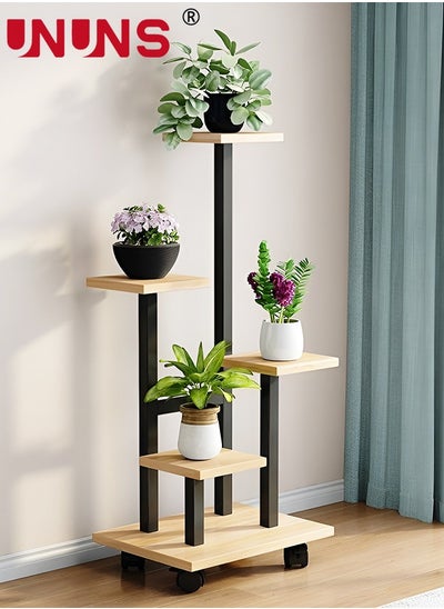 Buy 5 Tier Plant Stand With 4 Wheels,Metal Wood Tall Plant Stands For Indoor Plants Multiple,Corner Tiered Flower Plants Shelf Stand For Living Room Bedroom in UAE