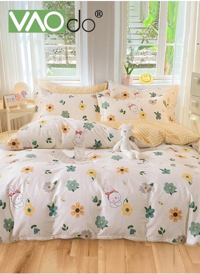 اشتري 4PCS 100% Cotton Kids Comforter Set Double Sided Color Duvet Cover Super Soft Flowers and Rabbit Reactive Printing and Dyeing Patterns Kids Bedding Set في الامارات