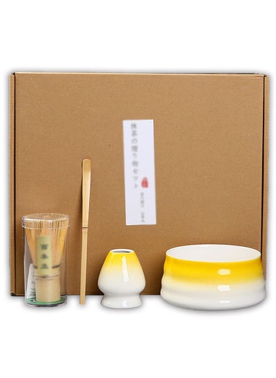 Buy Matcha Whisk Set, 4pcs Japanese Tea Set,Matcha Whisk,Traditional Scoop, Matcha Bowl, Ceramic Whisk Holder,Traditional Matcha Tool Set for Matcha Tea Ceremony(White Yellow) in UAE