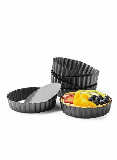 Buy Non Stick 5 Inch Quiche Pans Removable Bottom Mini Tart Pans Set Tart Mold Cheesecake Pan Tart Mold Set of 6 Round Shape(Black) in Saudi Arabia