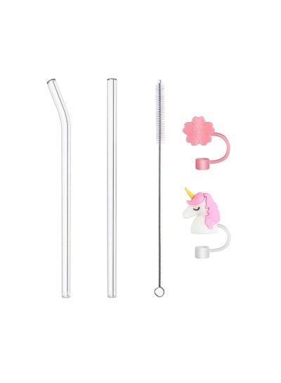 Buy Replacement Glass Straws With Cleaning Brush And Silicone Straw Cover Caps in UAE