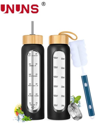 اشتري 1L Motivational Glass Water Bottle with Time Marker & Silicone Sleeve &  Straw & Bamboo Lids & Fruit Infuser , Leak Proof Reusable BPA Free Motivational Drinking Jug Water Jug في السعودية