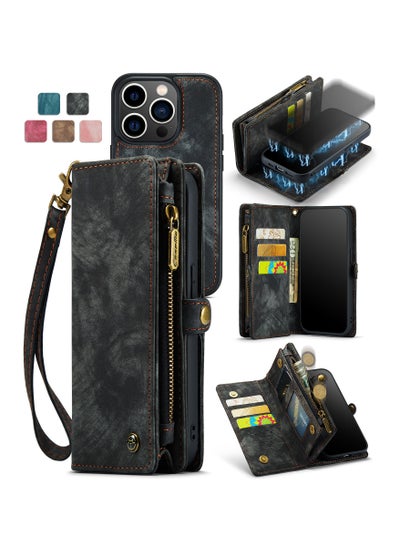 Buy Protective Phone Cover Case Wallet Case For Apple iPhone 13 Pro Max, 2 in 1 Detachable Premium Leather Magnetic Zipper Pouch Wristlet Flip Phone Case (Black) in UAE