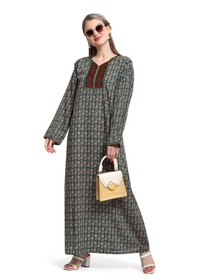 اشتري MULTICOLOUR FLORAL PRINTED FRONT NECK EMBROIDERED ARABIC KAFTAN JALABIYA DRESS في السعودية