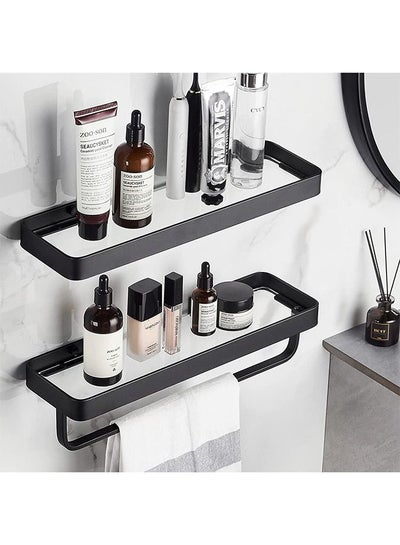 Buy Bathroom Wall Shelf Black 15.7 in Glass Shelf for Bathroom Floating Shelf with Towel Holder Glass Shower Shelf 2 Tier in Saudi Arabia