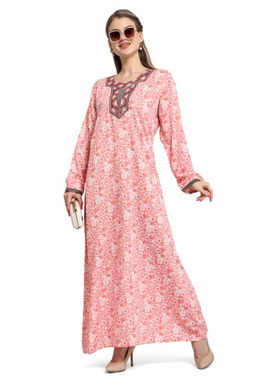 اشتري FRONT NECK EMBROIDERED AND FLORAL EMBROIDERED PINK COLOUR ARABIC KAFTAN JALABIYA DRESS في السعودية