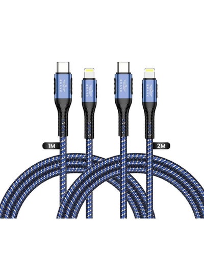 Buy Brave 30w 2 in 1 pack Type-C to Lightning Nylon Braided Data Cable 3.1A Fast Charging for iPhone 14 Pro Max, iPhone 13 12 11 Pro Max Mini XS Plus 1m & 2m (Blue) in UAE