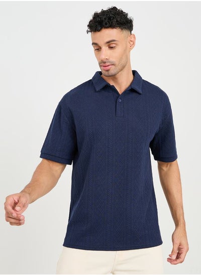 Buy Premium Cable Textured Knit Revere Collar Oversized Polo in Saudi Arabia