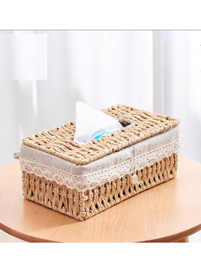 Buy Tissue Case with Cover Hand Wooven Box Organizer Dispenser Kleenex Napkin Holder Dispencer For Home Office Car in UAE