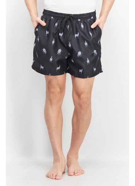 Buy Men 5 Inseam All Over Print Drawstring Board Shorts, Black/White in UAE