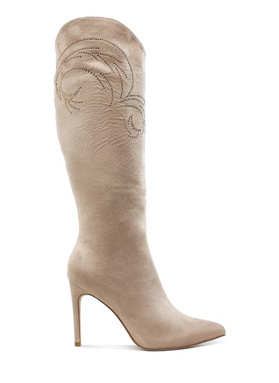 Buy Rhinestone Patterned Calf Boots in Beige in UAE