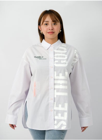 Buy Women’s White Graphic Pinstripe Oversized Shirt in White in UAE