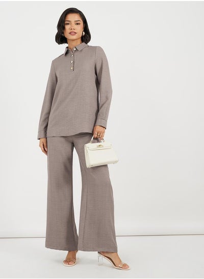 Buy Button Placket Longline Shirt & Wide Leg Pants Modest Set in Saudi Arabia