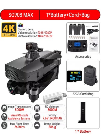 اشتري Black SG908 MAX Wifi FPV 5G 4K Professional 3 Axis Gimbal Obstacle Avoidance HD 1 Battery 32GB Memory Card في الامارات