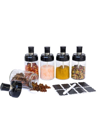 Buy Borosilicate Set of 4 Glass Spice Jars with spoon cover for spice organizer, Condiment Pots with 8 waterproof spice jar labels and 1 marker, Seasoning bottle with Airtight Cap 250ml (8.45oz) in UAE