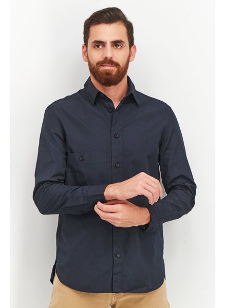 Buy Men Boxy Fit Solid Long Sleeve Casual Shirt, Navy Blue in UAE