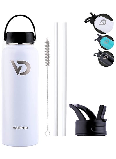 اشتري Thermos Bottle 1200ML Hot and Cold Beverages Bottle Wide Mouth Double Wall Insulated Hydration Sports Water Bottle Coldest Gym Bottles 1chug Lid 2 Straws and 1Brush White 40oz في الامارات