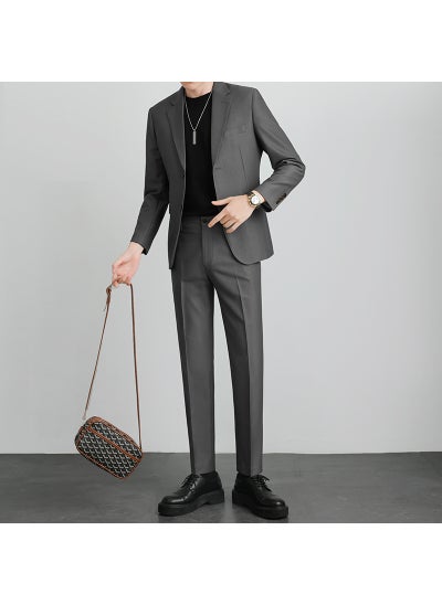 Buy High-end Suit for Boys Light Mature Korean Style Casual Slim-fit Coat Spring and Autumn Fashionable Single Top for Working Youth Dark Gray [Set]] in Saudi Arabia