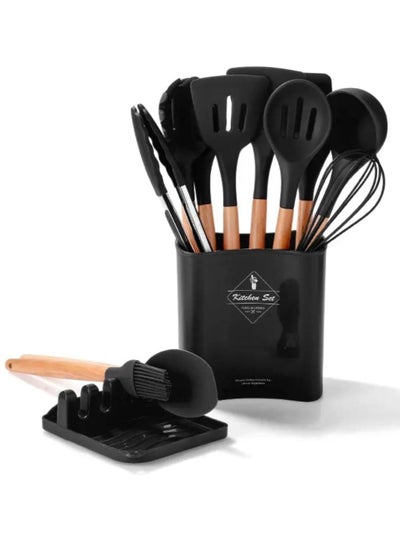 Buy Silicone Distribution Set, Silicone Spatula with Wooden Handle for Non-Stick Cookware with Kitchen Accessory Storage Box and Spoon Rack, 13 Pieces in Egypt