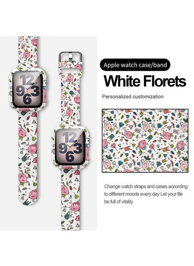 Buy Replacement Printed Silicone Band for Apple Watch 38MM With Tempered Glass Case White Florets in UAE