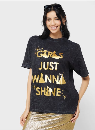 Buy Princess Oversize Acid Wash Slogan T-Shirt in UAE