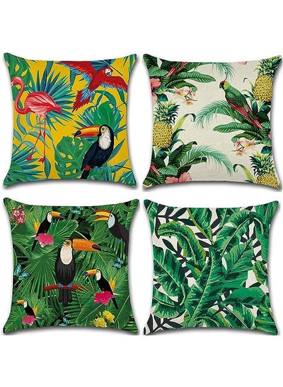 Buy Pillow Covers Green Cushion Covers Leaf, Tropical linen pillow covers with flamingo, Pack of 4 square jungle throw pillowcase, For sofa, couch, bedroom outdoor cushions 45 cm x 45 cm in UAE