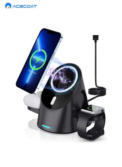 Buy 3-in-1 Magnetic Wireless Charging Station,15W Fast Charging Smart Shunt iPhone/AirPods/iWatch Charger,Multi-functional 360° Rotating Fold-able Phone Holder with Safety Protection LED Display,Black in Saudi Arabia